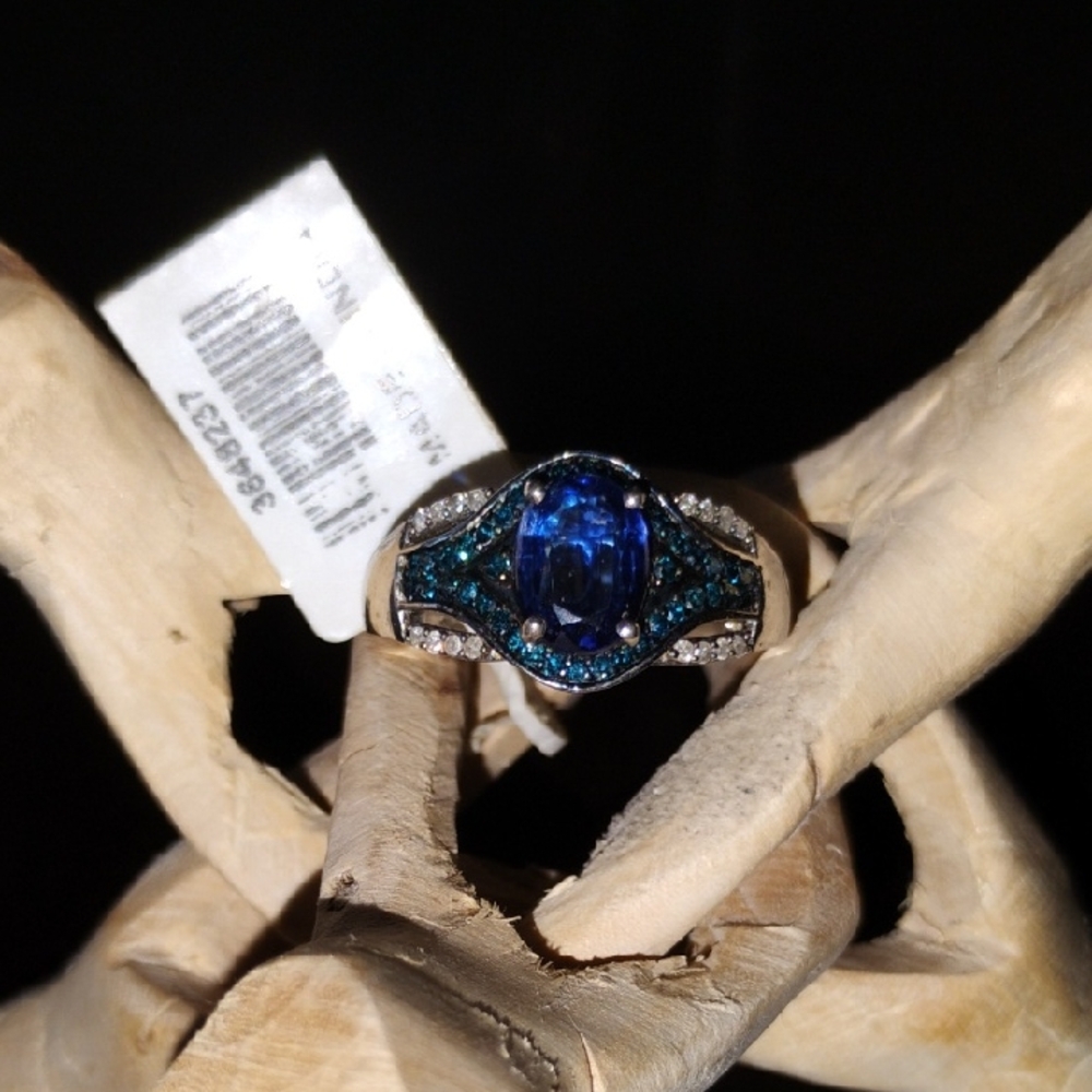 Kashmir Kyanite Genuine Blue & White Diamond Ring In 925 Sterling Silver NWT